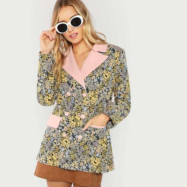 

Allover Botanical Embroidered Double Breasted Blazer, Multicolor