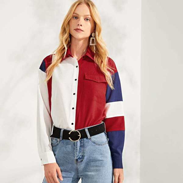 

Button Up Color Block Pocket Front Top, Multicolor