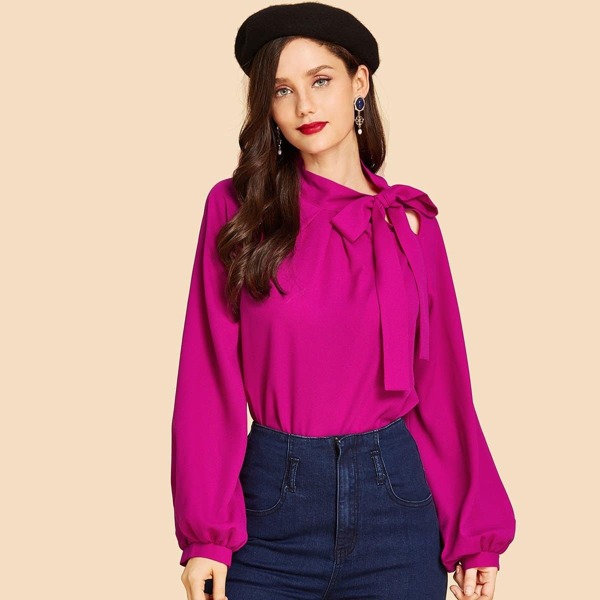 

Neon Pink Tie Neck Bishop Sleeve Top