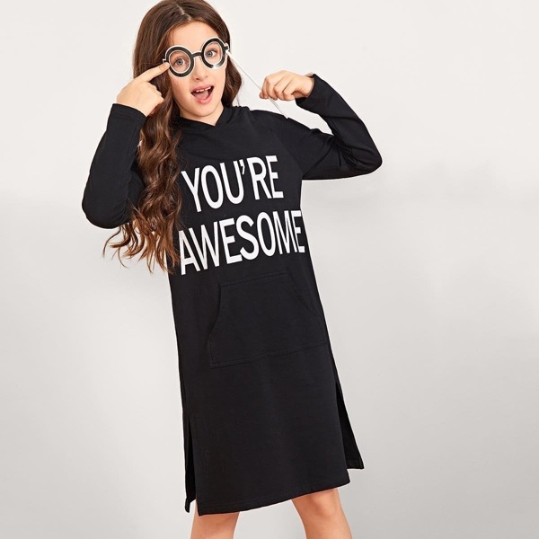 

Girls Letter Print Hoodie Dress, Black