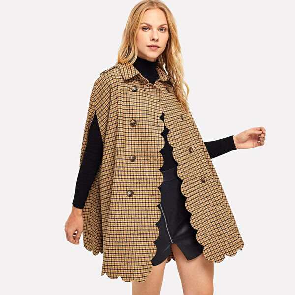 

Button Front Plaid Collar Poncho Coat