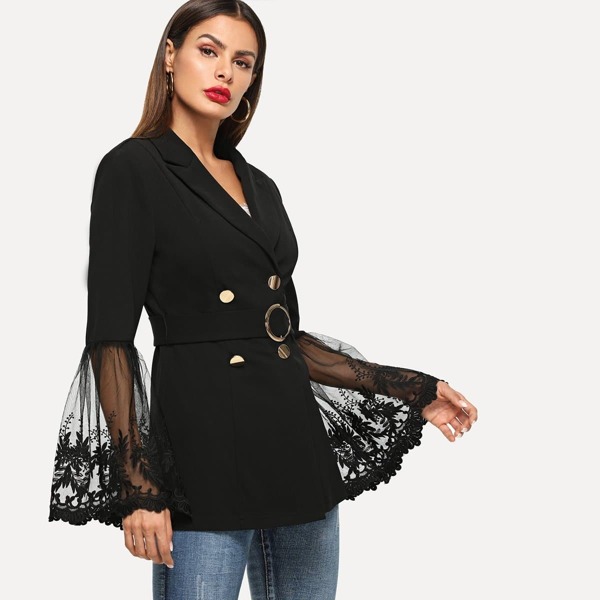 

Embroidered Mesh Insert Bell Sleeve Belted Coat
