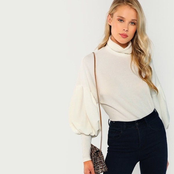 

Mock Neck Bishop Sleeve Solid Tee, White