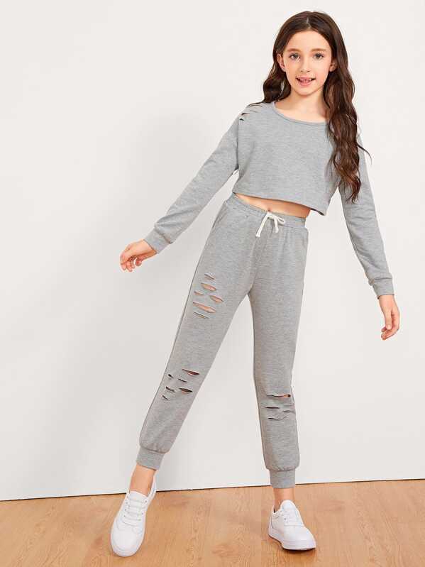 

Girls Cut Out Front Top & Drawstring Waist Pants Set, Grey
