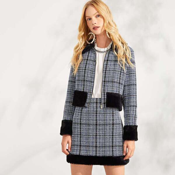 

Zip Front Faux Fur Plaid Coat & Skirt Set