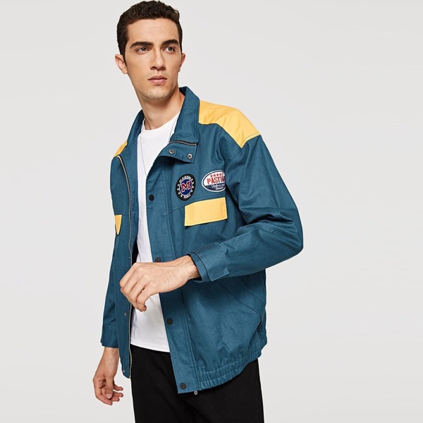 

Men Zip and Button Up Patched Detail Jacket, Blue