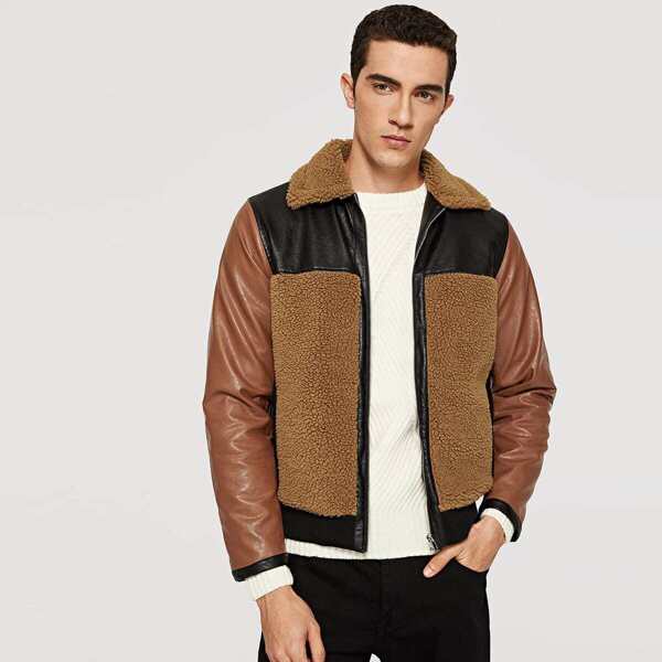 

Men Zip Up Shearling Fur PU Coat, Multicolor