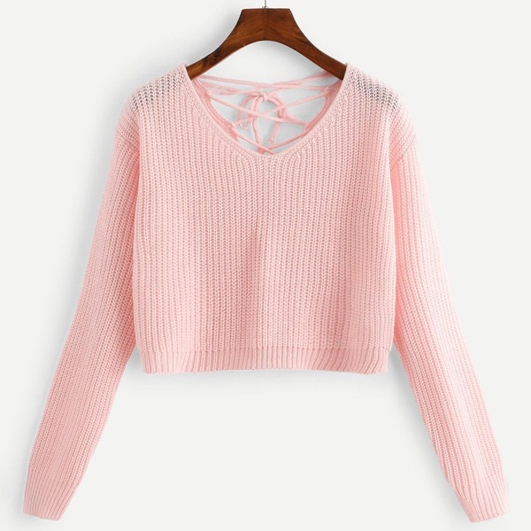 

Lace Up Back Solid Crop Sweater
