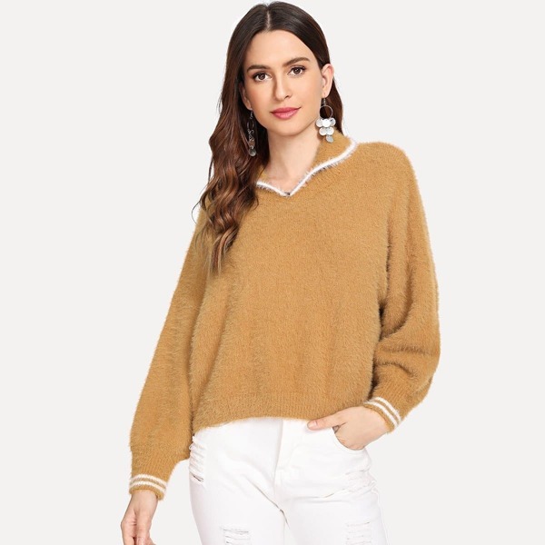 

Drop Shoulder Striped Fuzzy Jumper
