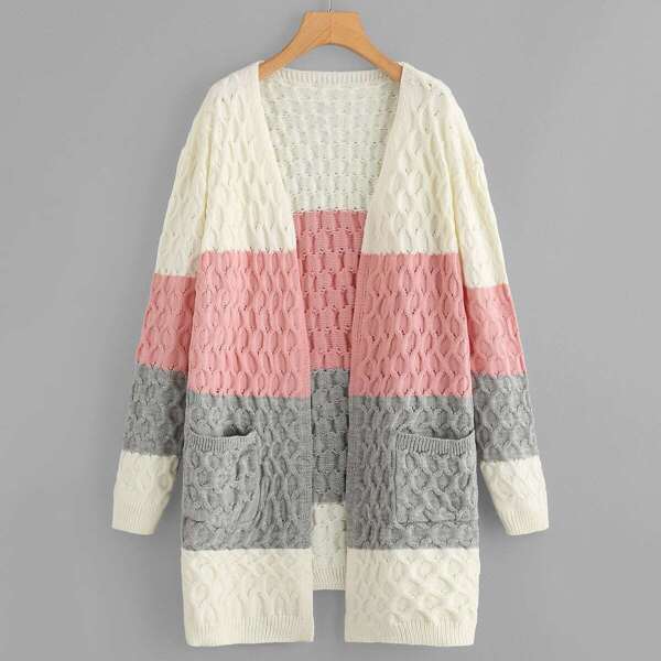 

Color-block Pocket Patched Cable Knit Cardigan, Multicolor