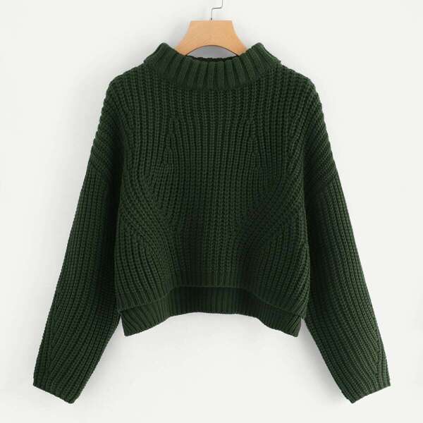 

Drop Shoulder Step Hem Sweater, Green
