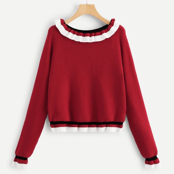 

Raglan Sleeve Frilled Trim Sweater