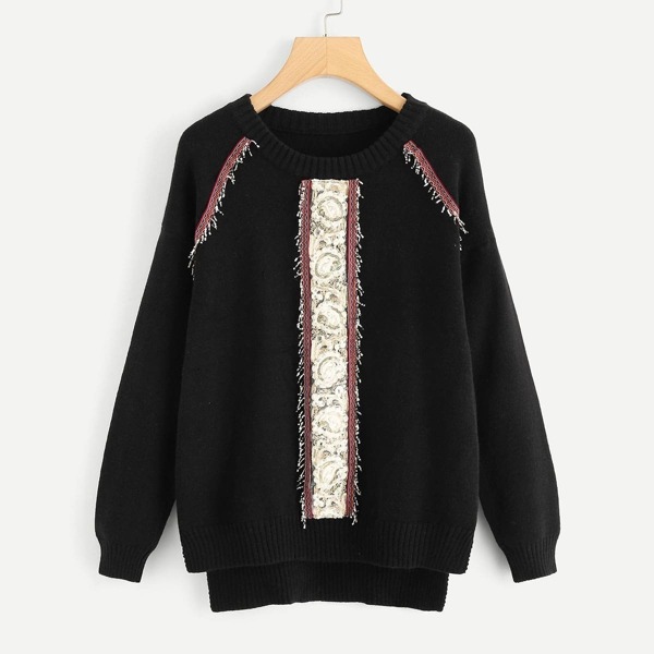 

Beaded And Embroidery Front Dip Hem Sweater