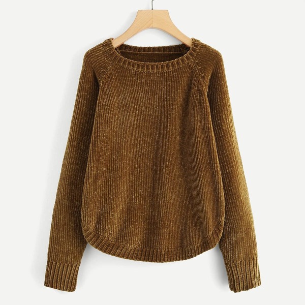 

Raglan Sleeve Curved Hem Solid Sweater