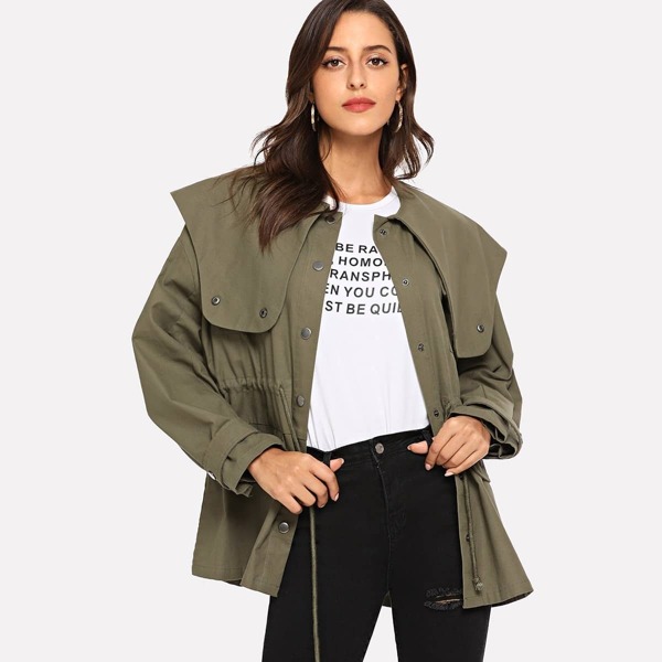 

Waist Drawstring Button Solid Coat, Army green