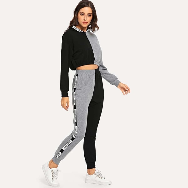 

Color Block Letter Crop Top & Pants Set, Black and white