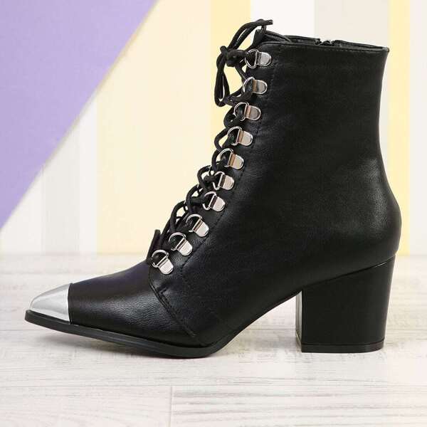 

Lace Up Silver Cap Toe Boots, Black