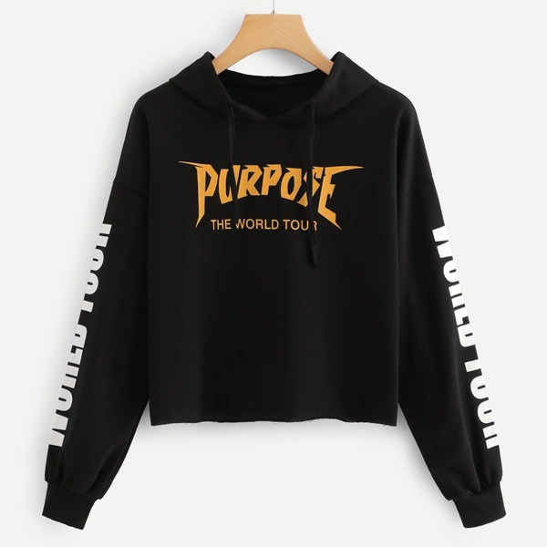 

Letter Graphic Raw Hem Hoodie, Black