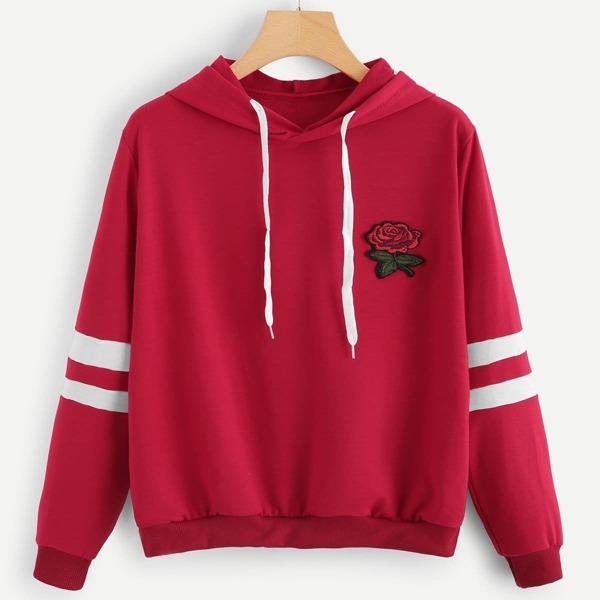 

Rose Patched Stripe Sleeve Drawstring Hoodie Sweatshirt
