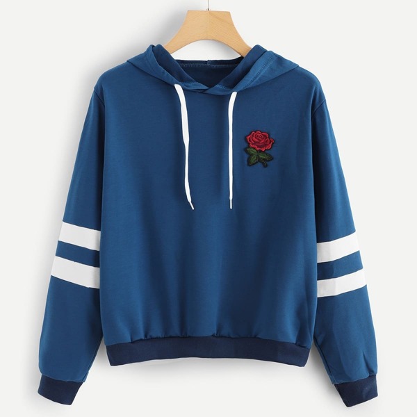 

Rose Patched Stripe Sleeve Drawstring Hoodie Sweatshirt