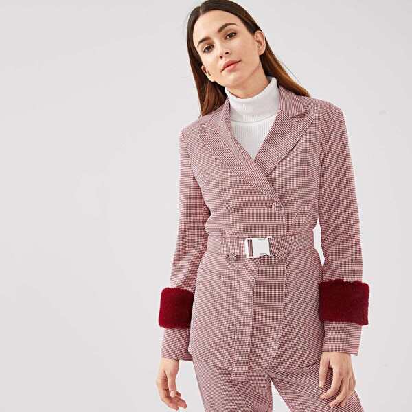

Faux Fur Embellished Houndstooth Blazer, Burgundy