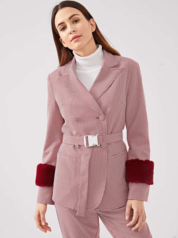 

Faux Fur Embellished Houndstooth Blazer, Burgundy, Jana