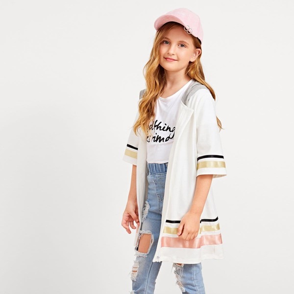 

Girls Striped Trim Zip Up Hoodie Jacket, Multicolor
