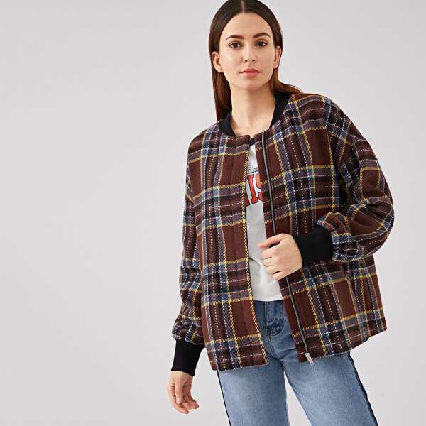 

Drop Shoulder Zip Up Plaid Jacket, Multicolor