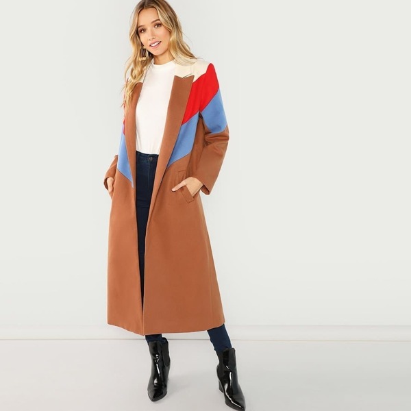 

Color Block Longline Coat, Brown