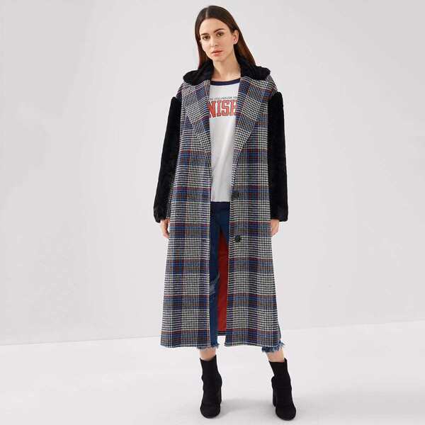 

Contrast Faux Fur Embellished Plaid Longline Coat, Multicolor