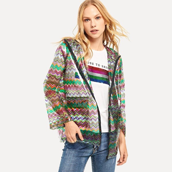 

Zip Up Hoodie Colorful Chevron Print Rain Coat