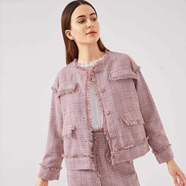 

Frayed Trim Button Up Coat, Pink