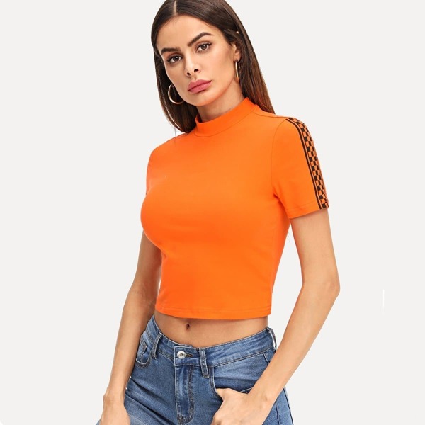 

Neon Orange Mock Neck Plaid Panel Crop Tee, Orange bright