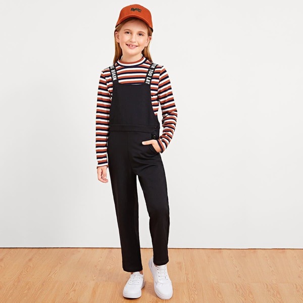 

Girls Striped Print Top & Pinafore Pants Set