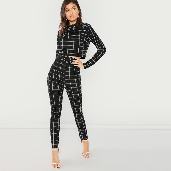 

Mock Neck Plaid Top & Pant Set, Black