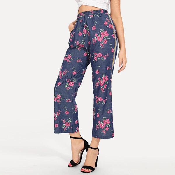 Waist Elastic Flower Print Pants