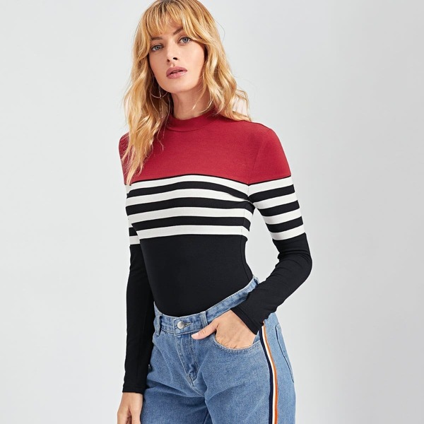 

Mock Neck Striped Tee