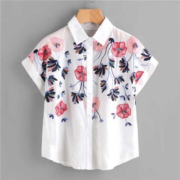 

Embroidery Rolled Sleeve Shirt, Multicolor