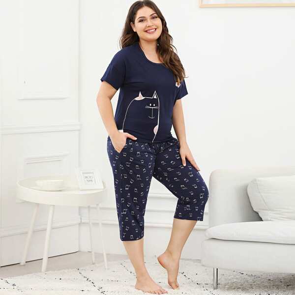 

Plus Cat Graphic Tee & Pants PJ Set, Navy