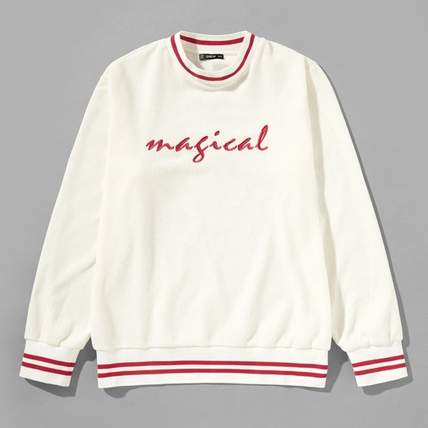 

Men Crew Neck Letter Front Striped Trim Sweatshirt, White
