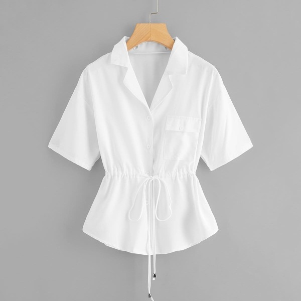 

Drawstring Waist Chest Pocket Blouse