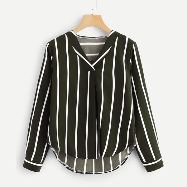 Striped V Neck Dip Hem Top