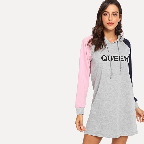 

Drawstring Hoodie Letter Print Sweatshirt Dress, Grey