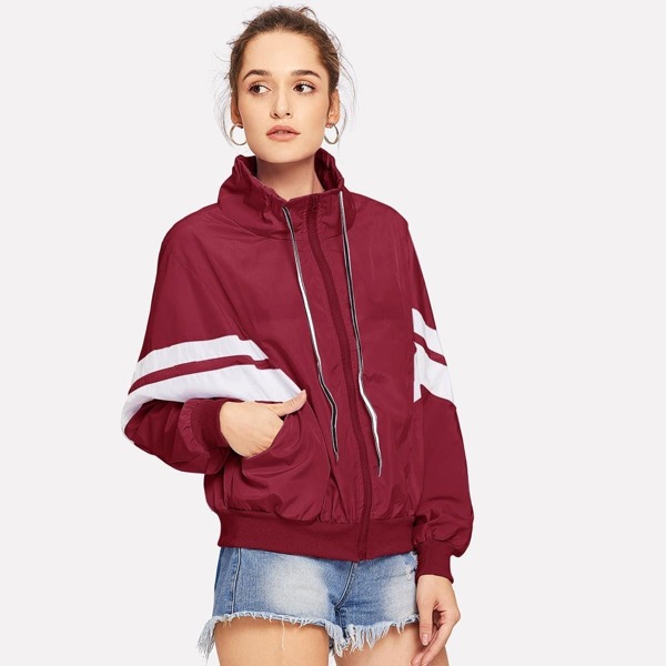 

Contrast Striped Stand Collar Jacket, Burgundy