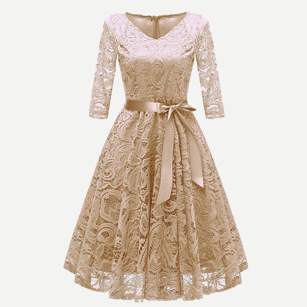 

Ribbon Tie Guipure Lace Overlay Flare Dress, Khaki