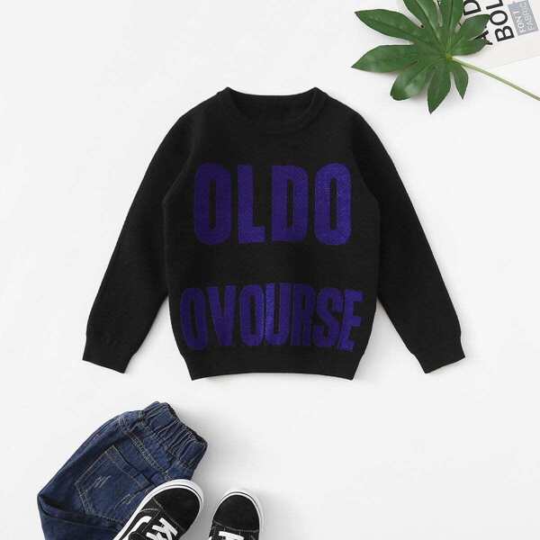 

Girls Round Neck Letter Pattern Sweater, Black