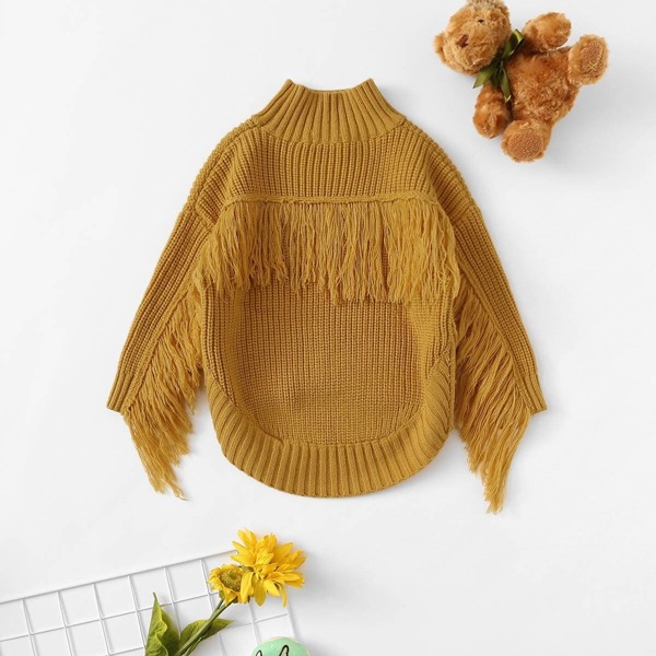 

Girls Fringe Patched Curved Hem Sweater