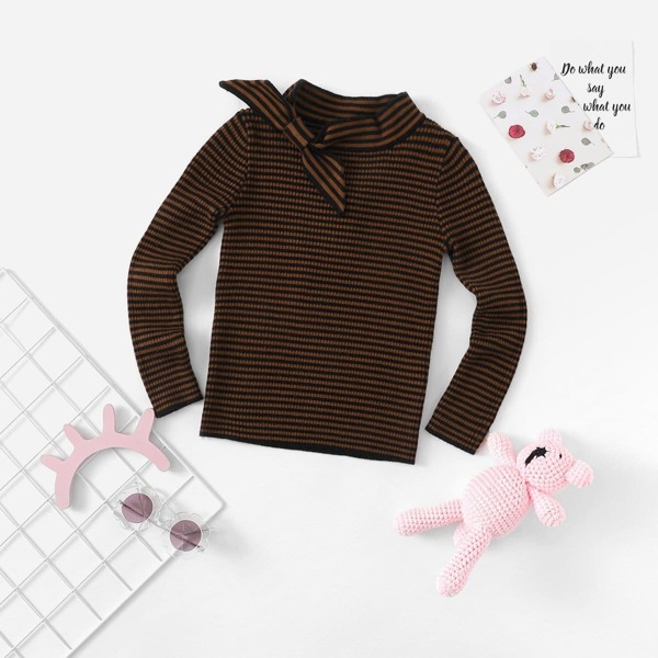 

Girls Knot Neck Striped Sweater, Brown