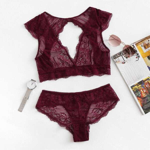 

Cut-Out Lace Top With Panty, Burgundy