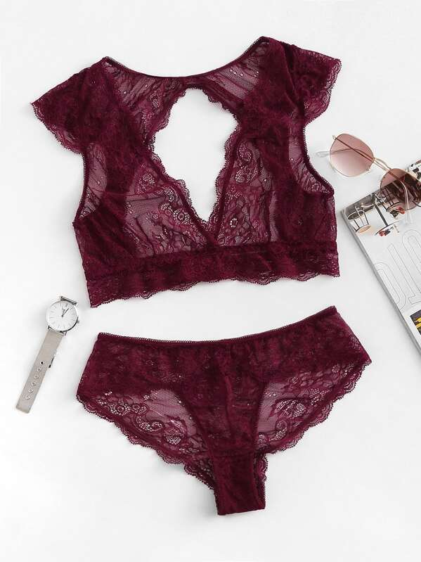 

Cut-Out Lace Top With Panty, Burgundy